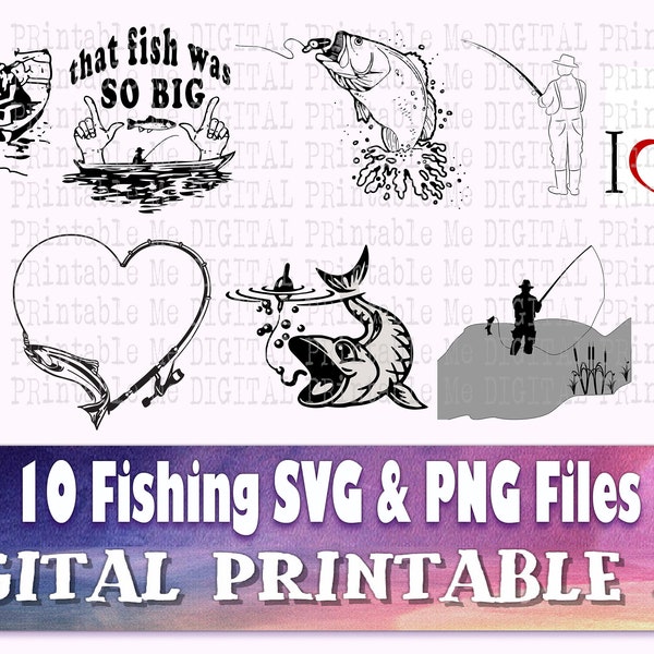 Fishing svg bundle, fisherman line art, illustration, silhouette, PNG, clip art, 10 Digital cut files, fish hook, love bass, heart fishing