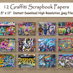 Graffiti Digital Paper Print 8.5&quot; x 11&quot; Texture scrapbook paper pages  printable street art wall mural graffiti words print tag junk journal