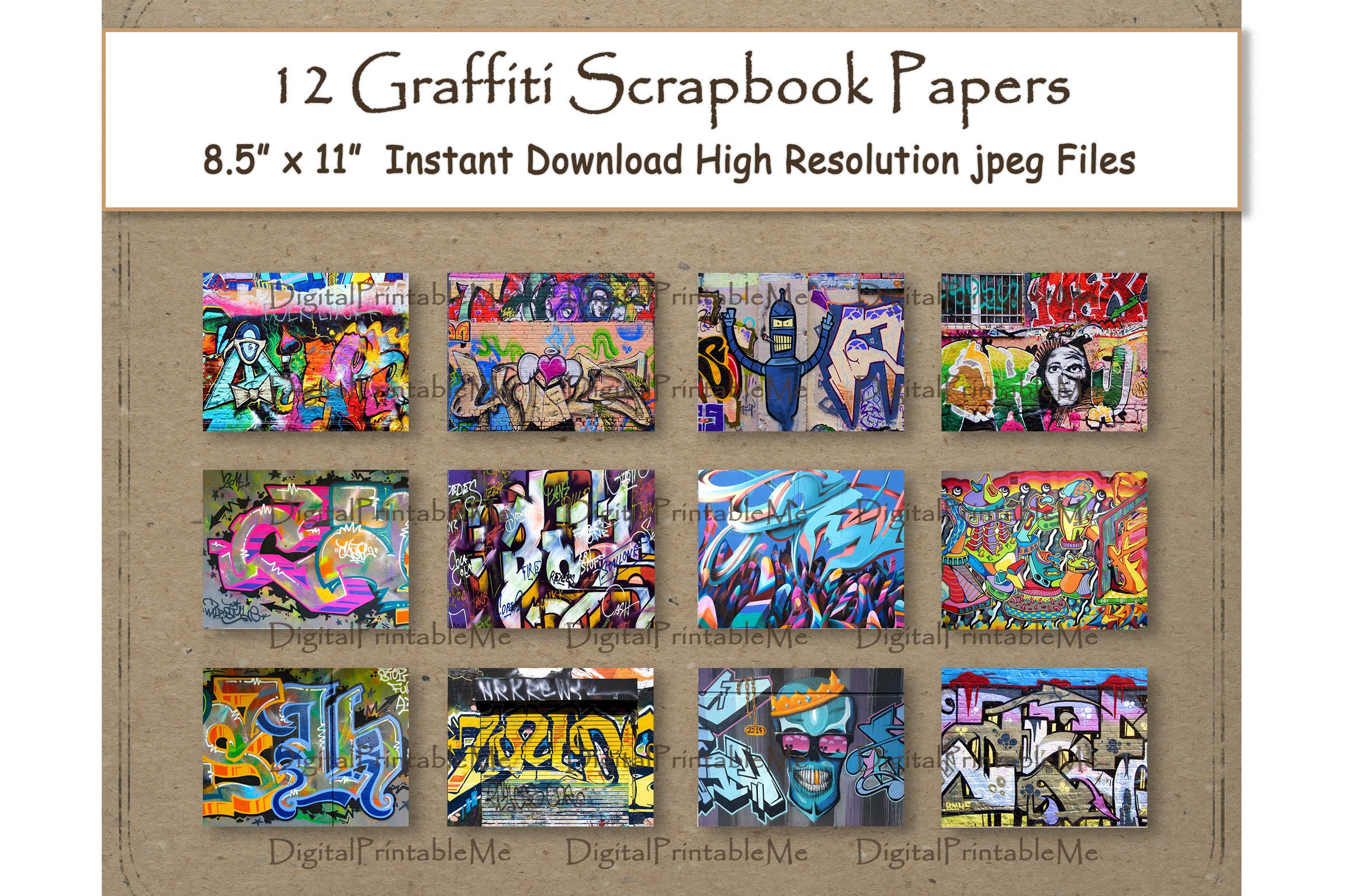 Graffiti Digital Paper Print 8.5 X 11 Texture Scrapbook Paper Pages  Printable Street Art Wall Mural Graffiti Words Print Tag Junk Journal 