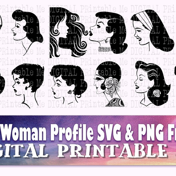 Vintage Frau Profil Svg, 12 weibliche Kopf Bilder, Dame, Mädchen, Seite Ansicht Silhouette Bundle, PNG, ClipArt, Frauen Zeichnung retro geschnitten Datei