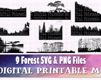 Forest Silhouette, Landscape SVG bundle, Woods PNG,  Clip Art Pack, 9 cut file pack, Instant Download, vectors, Outdoors, Trees Horizon