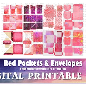 Red Pockets & Envelopes, Crimson Vintage Ephemera Scrapbook Junk Journal supplies shabby diy tuck tag card Antique printable collage crafts