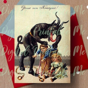 Merry Krampus Card Imprimible, Krampus Card, 5x7 Gruss vom Krampus Vintage Style Holiday Card, Krampuskarten, alternativa, cesta oscura