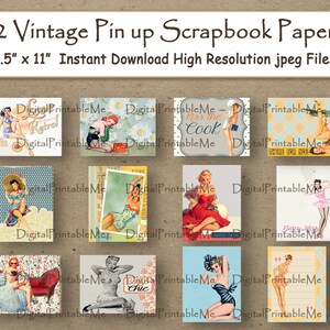 Pin Up Girl  Digital Paper 11&quot; x 8.5&quot;  Retro vintage lady woman scrapbook paper pages 12 printable, shabby chic  background antique12&quot; x 12&quot;