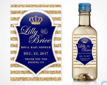 Mini Wine Bottle Label w/ Prince Crown for Boy Baby Shower. Printable Blue, White & Gold Royal Little Prince Theme Label for Party Favor