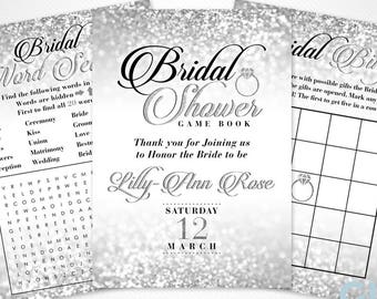 Silver Bridal Shower Games. Printable Bridal Shower Game Book / Game Pack. Instant Download. 6 printable Bachelorette / Hen Party games.