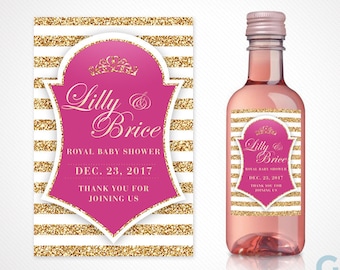 Mini Wine Bottle Label w/ Princess Tiara Crown for Girl Baby Shower. Printable Fuchsia Hot Pink, White & Gold Label Princess Party Favor