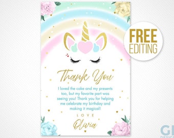 Unicorn Birthday Thank You Card. Unicorn Party Pre-written Thank You Card. Magical Unicorn, Hearts & Rainbow Printable Digital Download