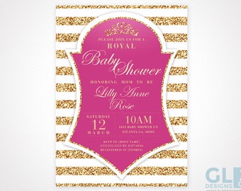 Pink Princess Baby Shower Invitation. White, Gold, Hot Pink, Fuchsia Little Princess Crown / Tiara Printable Girl Baby Shower Invitation