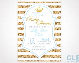 Prince Baby Shower Invitation. White, Gold & Light Blue Digital Download Invitation. Baby Boy, Little Prince, Crown Baby Shower Invitation