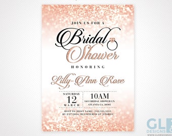 Rose Gold Bridal Shower Invitation / From Miss to Mrs. Invitation. Elegant Glitter Sparkle Blush Pink & White Diamond Ring Digital Download
