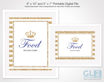 Prince Food Table Sign w/ Crown for Boy Baby Shower / Birthday. 8x10 + 5x7 Printable White, Gold & Royal Blue Food Sign. Instant Download