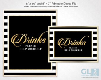 Black, White & Gold Drinks Table Sign. 8x10 + 5x7 Printable Stripe Bridal Shower / Baby Shower / Birthday Party / Wedding Signs. Party Decor