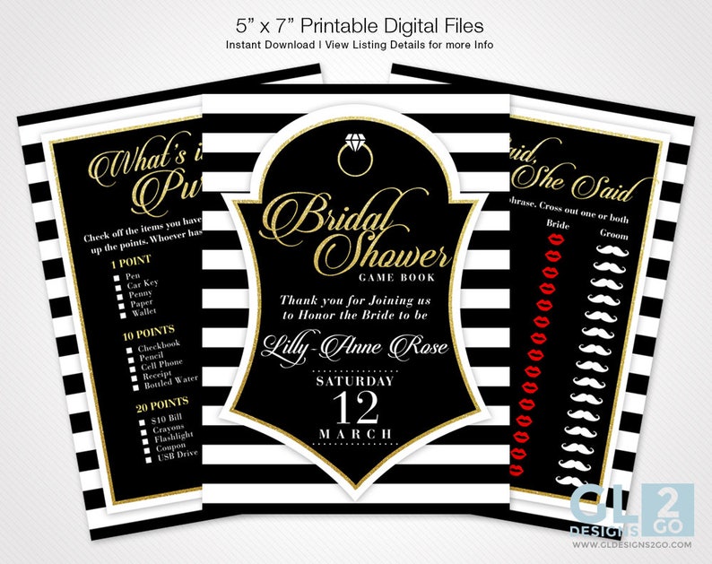 Black and White Stripe Water Bottle Label w/ Diamond Wedding Ring. Bridal Shower, Engagement Party Printable Black, White & Gold Party Favor image 9