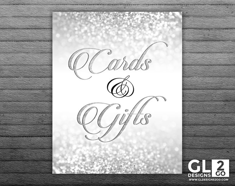 Silver Gift Table Sign. 8x10 Printable Glitter Sparkle Silver White Bridal Shower Gifts Sign, Wedding Gifts Sign, Cards & Gifts Table Sign image 2