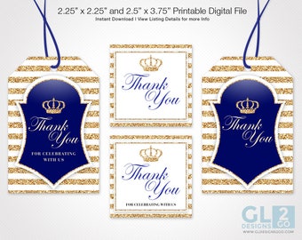 Printable Royal Prince Party Favor Tags. Prince Thank you tags, Favor Tags w/ crown. Blue, Gold & White Boy Baby Shower, Birthday Gift Tags