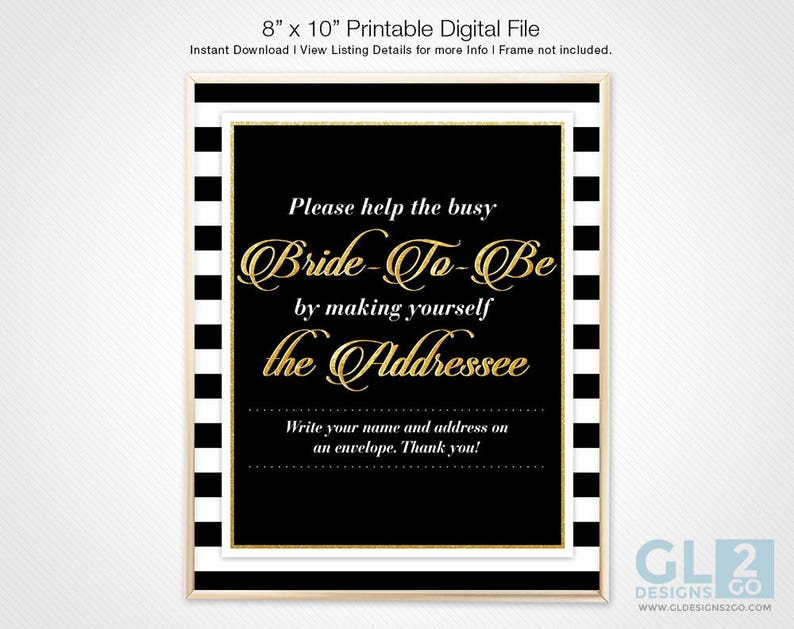 Black and White Stripe Water Bottle Label w/ Diamond Wedding Ring. Bridal Shower, Engagement Party Printable Black, White & Gold Party Favor image 5