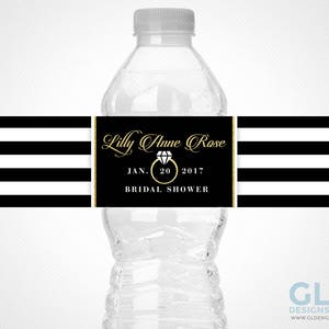 Black and White Stripe Water Bottle Label w/ Diamond Wedding Ring. Bridal Shower, Engagement Party Printable Black, White & Gold Party Favor image 1