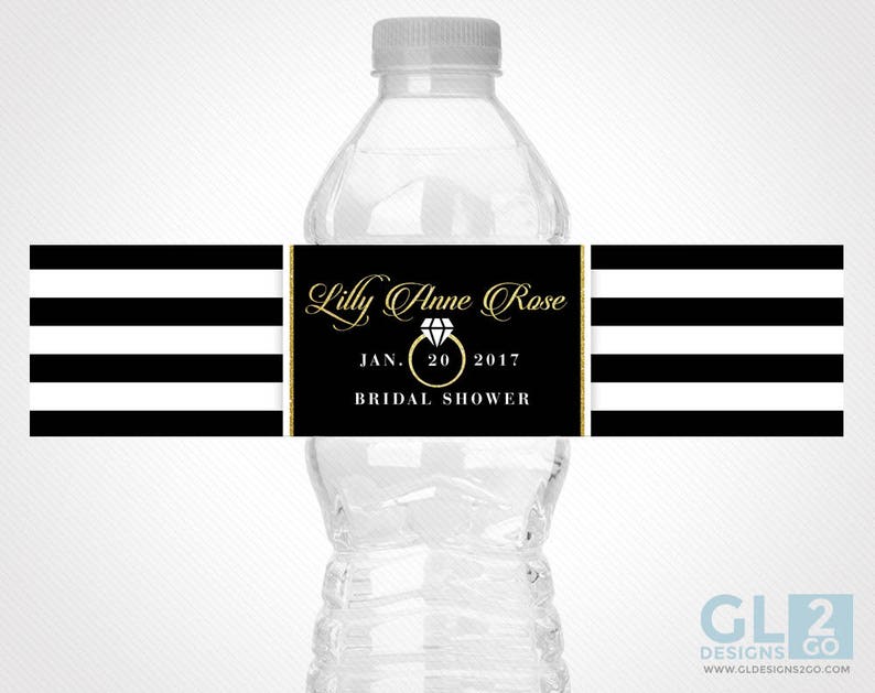 Black and White Stripe Water Bottle Label w/ Diamond Wedding Ring. Bridal Shower, Engagement Party Printable Black, White & Gold Party Favor image 1