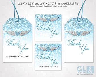 Thank you Favor Tags w/ Heart Halo & Wings. Blue, White + Silver Printable Boy Baby Shower, Birthday Gift Tags. Heaven Sent Party Favor Tags