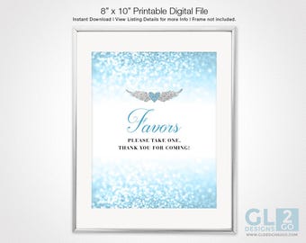 Favors Table Sign w/ Heart Halo Wings for Boy Baby Shower / Birthday. 8x10 Printable Sparkle Blue, White & Silver Favors Sign. Heaven Sent