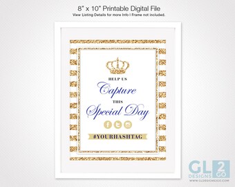 Prince Hashtag Sign + Crown for Prince Baby Shower or Boy Birthday. Printable White, Gold & Blue Royal Little Prince Hashtag, Instagram Sign
