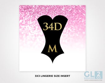 Lingerie Size Insert. Bridal Shower Invitation Insert. Bride Bra & Panty Size. Printable Pink, White, Black + Gold Sparkle Glitter Corset