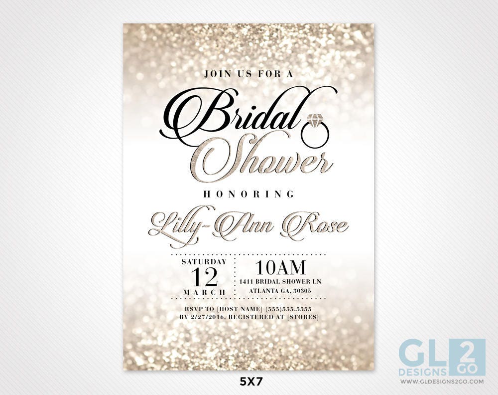 Bridal Shower Invitation. Elegant Glitter Sparkle Champagne & White Diamond Ring Digital Download Bridal Invitation. Tan Cream Beige Golden