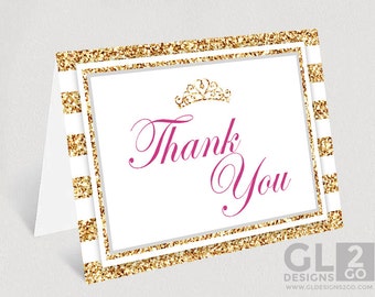 Princess Baby Shower Thank you card. Printable Girl Baby Shower Thank you Card w/ Tiara Crown. Hot Pink, Gold & White Blank Folded Thank you
