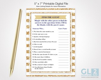 Find the Guest. Printable 5x7 White, Gold & Blue Guest Mingling Game for Co-ed Baby Showers. Prince Baby Shower Game. Guess the Guest.