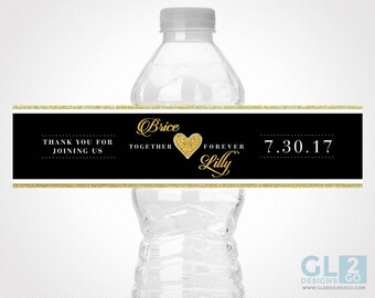 Black and Gold Wedding Water Bottle Label w/ Heart. Engagement Party / Anniversary Printable Gold, Black & White Label. Party Favor