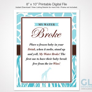 My Water Broke Animal Safari Baby Shower Game. Printable Blue, White, Brown Giraffe & Zebra Print Frozen Baby, Ice Cube, Ice Melting Game