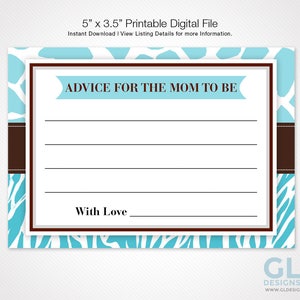 Advice for Mom to Be / Advice for Mommy. Printable Blue, White and Brown Animal Safari Giraffe & Zebra Print Boy Baby Shower Advice Card