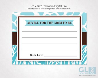 Advice for Mom to Be / Advice for Mommy. Printable Blue, White and Brown Animal Safari Giraffe & Zebra Print Boy Baby Shower Advice Card