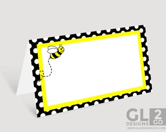 Bee Food Tent Label. Yellow, Black & White Baby Shower / Birthday Food Card, Food Label, Food sign. Blank w/ Bumblebee. Instant Download