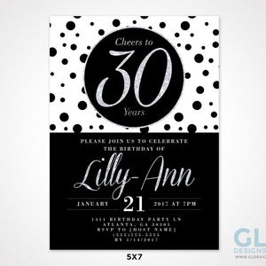 Black, White &amp; Gold 30th Birthday Invitation W/ Polka Dots. Cheers to ...