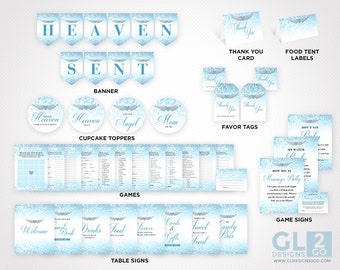 Baby Shower Party Pack. Thank Heaven for Little Boys, Heaven Sent Theme. Baby Shower Games + Decorations. Instant Download Party Decorations