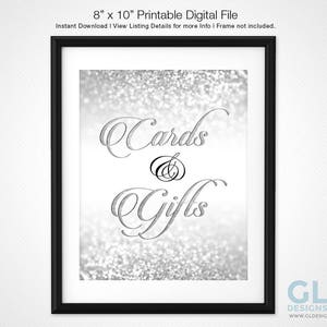 Silver Gift Table Sign. 8x10 Printable Glitter Sparkle Silver White Bridal Shower Gifts Sign, Wedding Gifts Sign, Cards & Gifts Table Sign image 1