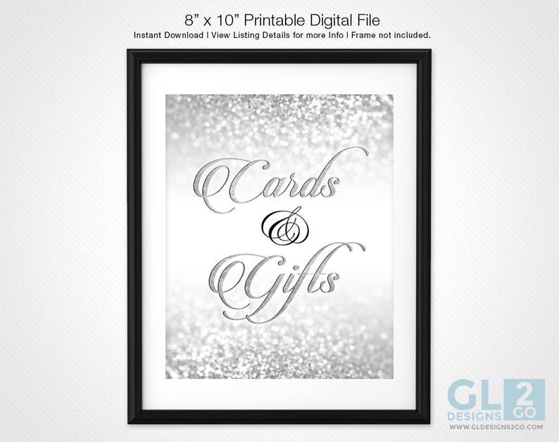 Silver Gift Table Sign. 8x10 Printable Glitter Sparkle Silver White Bridal Shower Gifts Sign, Wedding Gifts Sign, Cards & Gifts Table Sign image 1