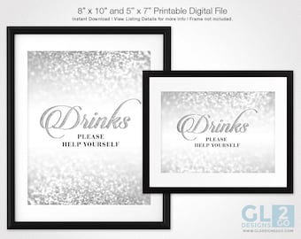 Silver Drinks Table Sign. 8x10 & 5x7 Printable Glitter Sparkle Silver and White Bridal Shower / Wedding / Baby Shower / Birthday Signs