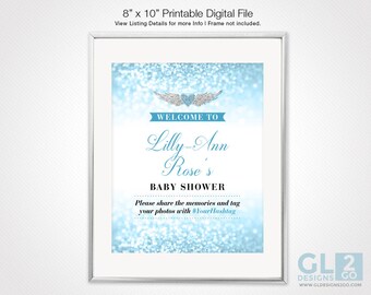 Welcome Sign w/ Hashtag. 8x10 Printable Glitter Sparkle Blue, White & Silver Hashtag Boy Baby Shower Sign w/ Heart Halo Wings. Heaven theme