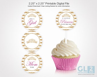 Princess Cupcake Toppers w/ tiara for Girl Baby Shower / Birthday. 2" Printable White, Gold & Hot Pink Fuchsia Cupcake Toppers / Favor Tag.