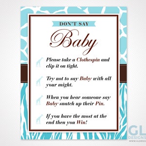 Don't Say Baby Sign. 8x10 Printable Blue, White and Brown Animal Safari ...