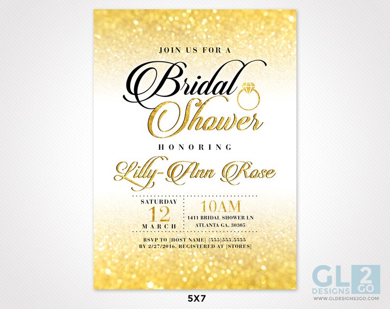 Gold Bridal Shower Invitation. Gold, White and Black Sparkle Glitter Diamond Ring Printable