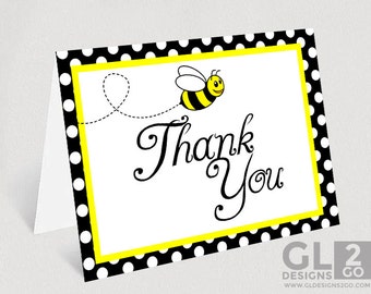 Bee Thank you card. Printable Bee Baby Shower or Birthday Thank you Card w/ Bumblebee. Yellow, Black & White Blank Folded Thank you cards