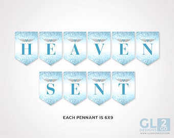 Heaven Sent Banner w/ Heart Halo & Wings. Blue, White + Silver Printable Boy Baby Shower / Birthday Pennant Banner Sign. Instant Download