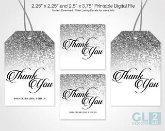Silver Thank you tags, Favor Tags. Printable Silver, White & Black Sparkle Glitter Bridal Shower, Wedding, Baby Shower, Birthday Gift Tags