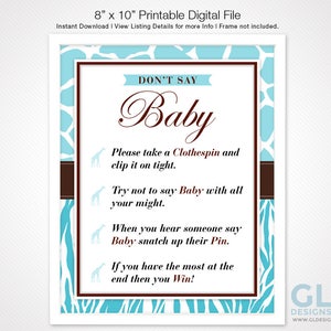 Don't Say Baby Sign. 8x10 Printable Blue, White and Brown Animal Safari ...