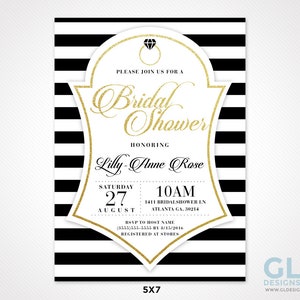 Lingerie Size Insert. Bridal Shower Invitation Insert. Bride Bra & Panty Size. White, Black, Gold Printable Corset. Black and White Stripe image 3