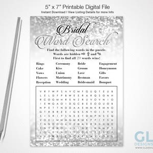 Silver Bridal Word Search Bridal Shower Game. 1 printable Silver, Black & White Glitter Bridal Shower Game. Instant Download.